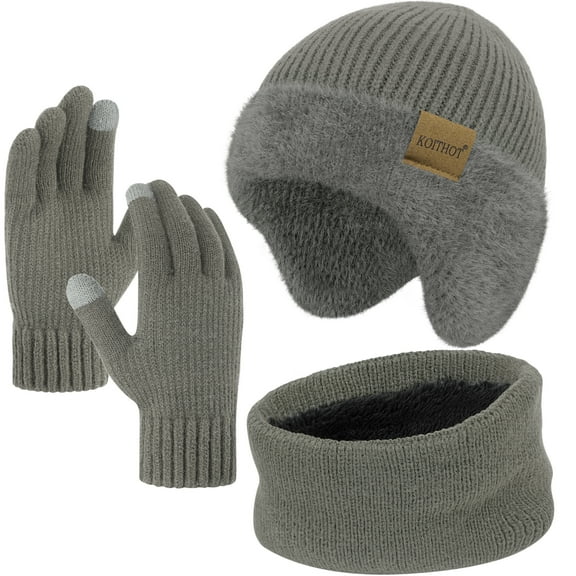 KOITHOT 3 Pcs Winter Beanie Hat with Ear Flaps Knitted Neck Warmer Touchscreen Gloves Set for Men Light Gray