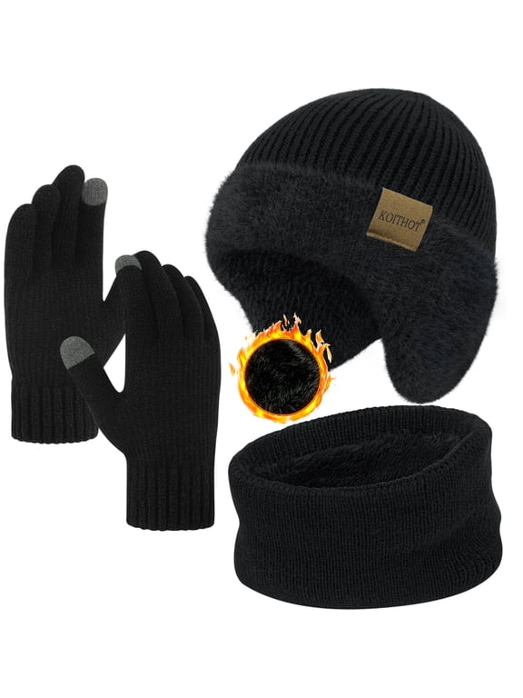 3 Pcs Winter Beanie Hat with Ear Flaps Knitted Neck Warmer Touchscreen Gloves Set for Men Black
