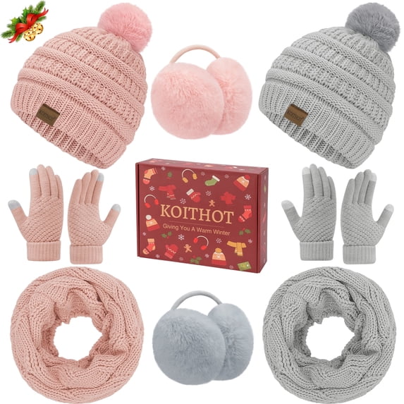 KOITHOT 8 Pcs Winter Beanie Hat Neck Warmer Ear Muffs Gloves Set with Gift Box for Women Men Pink and Light Gray