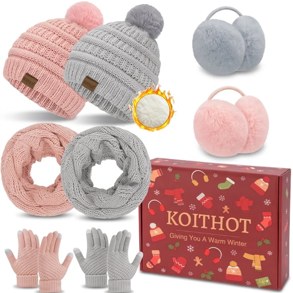 KOITHOT 8 Pcs Winter Beanie Hat Neck Warmer Ear Muffs Gloves Set with Gift Box for Women Men Pink and Light Gray