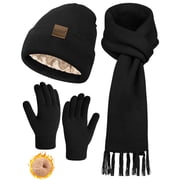 3 Pcs Winter Satin Silk Lined Beanie Hat Long Knit Scarf Touchscreen Wool Gloves Set for Women Men Black