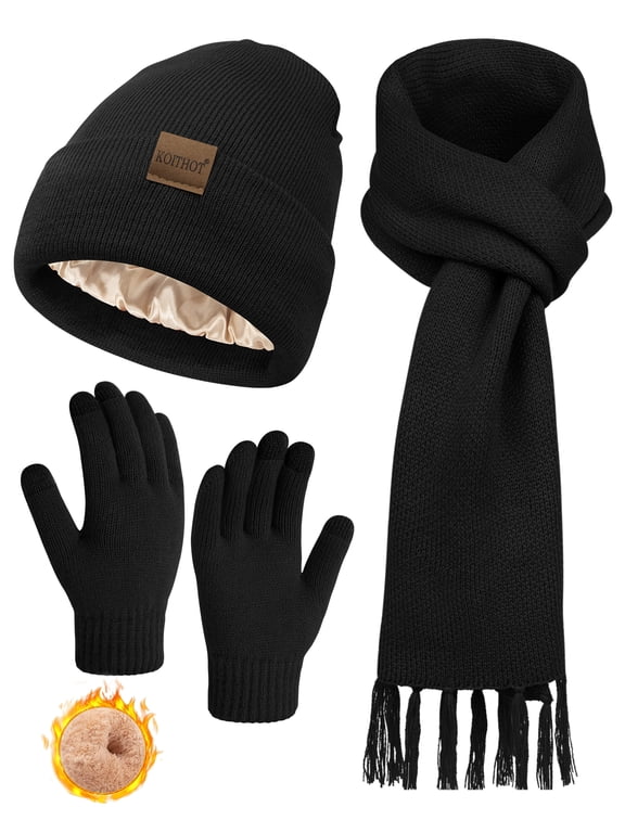 3 Pcs Winter Satin Silk Lined Beanie Hat Long Knit Scarf Touchscreen Wool Gloves Set for Women Men Black