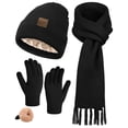 thumbnail image 1 of KOITHOT 3 Pcs Winter Satin Silk Lined Beanie Hat Long Knit Scarf Touchscreen Wool Gloves Set for Women Men Black, 1 of 7