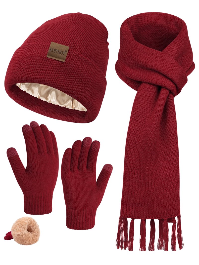 KOITHOT 3 Pcs Winter Satin Silk Lined Beanie Hat Long Knit  display picture 2