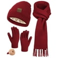 thumbnail image 1 of KOITHOT 3 Pcs Winter Satin Silk Lined Beanie Hat Long Knit Scarf Touchscreen Wool Gloves Set for Women Men Wine Red, 1 of 7