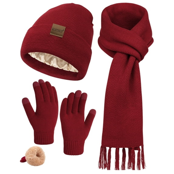 KOITHOT 3 Pcs Winter Satin Silk Lined Beanie Hat Long Knit Scarf Touchscreen Wool Gloves Set for Women Men Wine Red