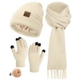 thumbnail image 1 of KOITHOT 3 Pcs Winter Satin Silk Lined Beanie Hat Long Knit Scarf Touchscreen Wool Gloves Set for Women Men Beige, 1 of 7