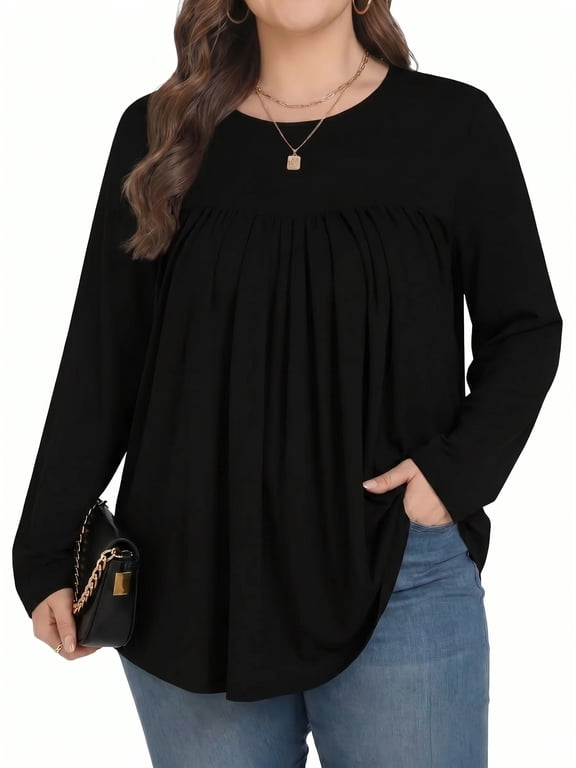 Womens Plus Size Tops Tunic Long Sleeve Crew Neck Shirts Casual Soft Blouse 1X-5X