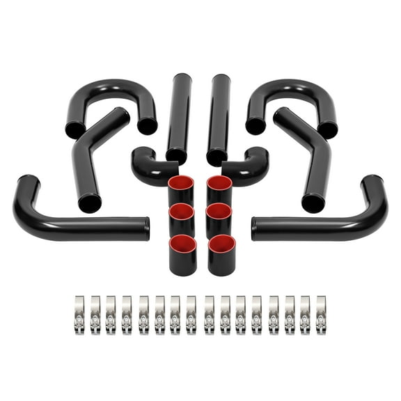 KOJEM 2.5" 8Pcs Aluminium Turbo Intercooler Piping w/U Pipe Black Silicone Coupler & Stainless Steel Clamp Kit Universal Tube Polishing Set