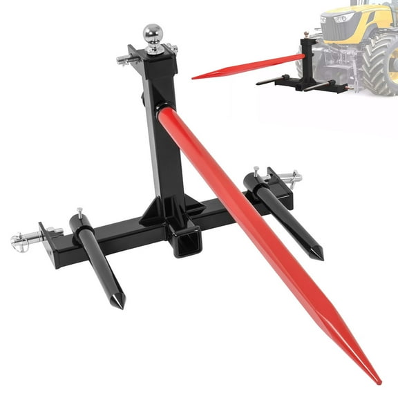 KOJEM 3 Point 49" Hay Spear Gooseneck Drawbar Trailer Hitch Fit for All Category 1 Tractors W/ 2 Stabilizers Bale Spear 2" Receiver Loading 3000lbs Gooseneck Ball Drawbar Hay Quick Hitch