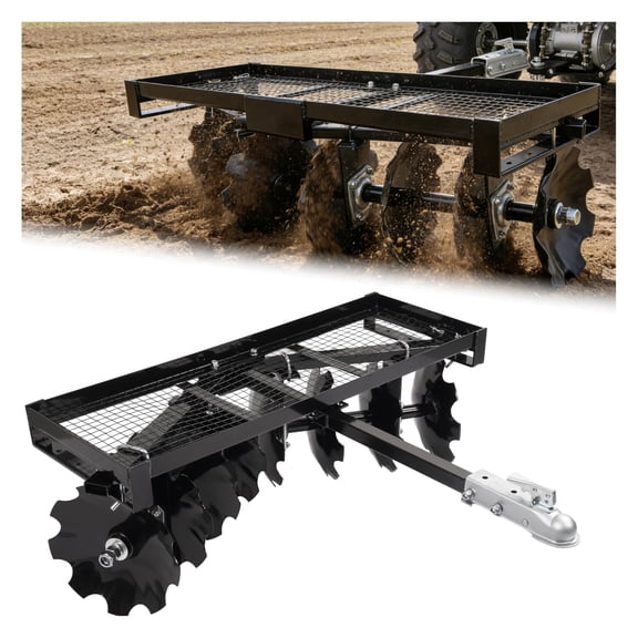 KOJEM 4 FT Tow-Behind Notched Disc Harrow Plow Attachment for Use with A 2" Towball ATV UTV W/ 8 X Concave Discs for Tilling, Loosening/Lifting Soil, Braking Up Weeks, Roots, Crop Debris