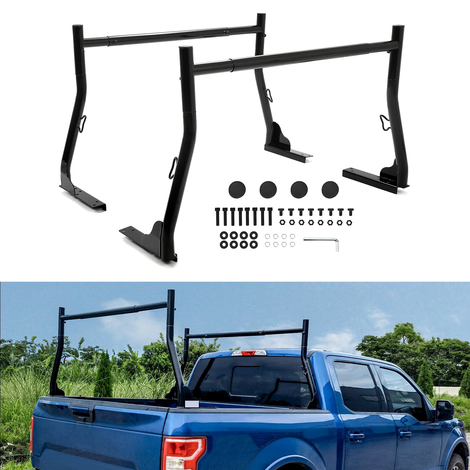 KOJEM Adjustable Truck Rack 800LBS Capacity Pick Up Truck Double Ladder Racks Lumber Kayak Rack Heavy Duty Steel Truck Bed Rack