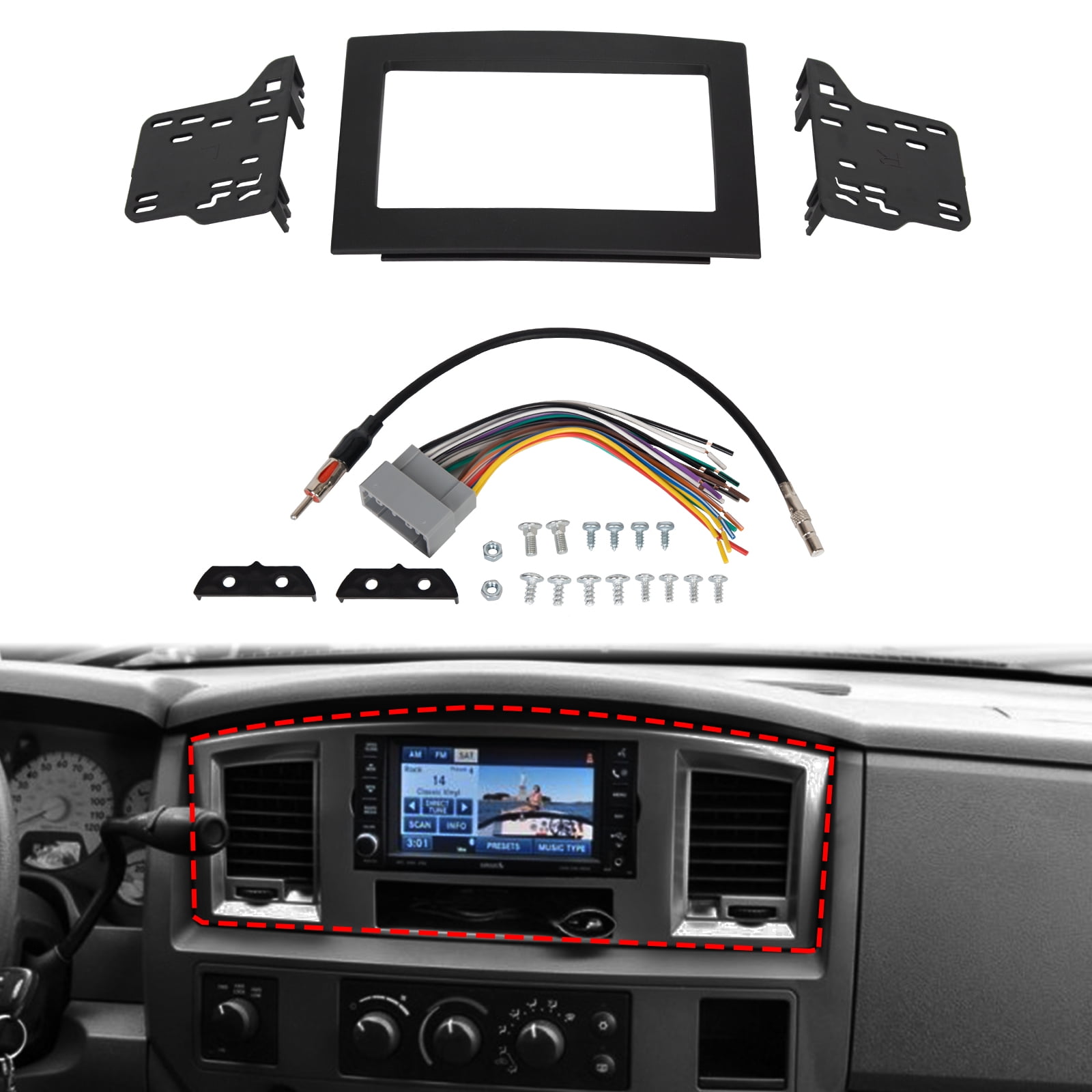 KOJEM Double Din Dash Kit for 2006 2010 2007 2008 2009 Dodge Ram Car Stereo Radio panel w Wiring Harness Black