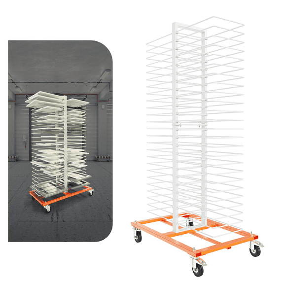 KOJEM 50 Shelf Drying Rack W/ Track Rollers for cabinets doors shelves paint shops White+Orange Steel Drying Rack with Caster