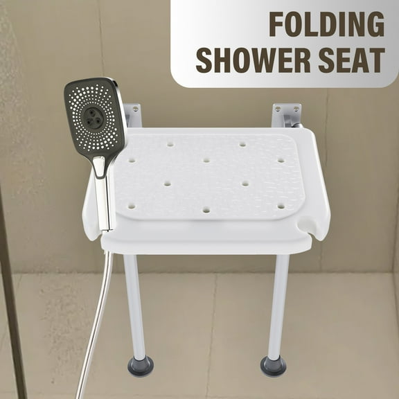 KOJEM Folding Shower Seat, Wall Mounted for Inside, Shower Chair with Support Legs ,for Pregnant Woman, Seniors, Elderly and Disabled, Bath Bench Bathtub Safety Stool