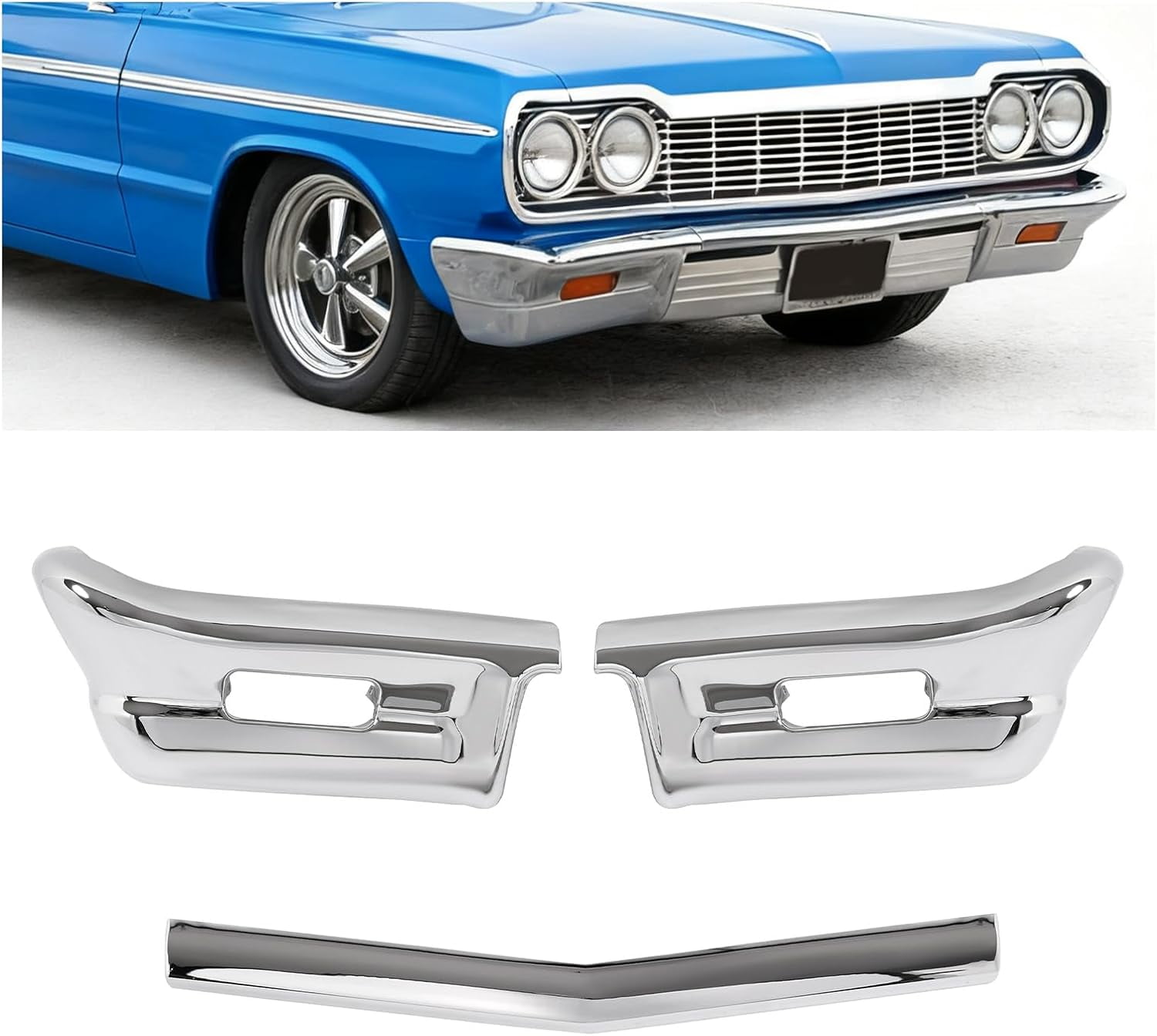 KOJEM Front Bumper Assembly Compatible with 1964 Chevrolet Impala Steel Chrome Silvery 3Pcs