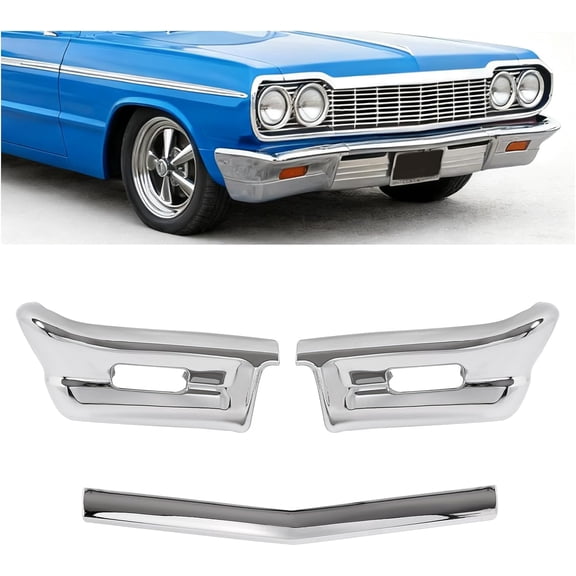 KOJEM Front Bumper Assembly Compatible with 1964 Chevrolet Impala Steel Chrome Silvery 3Pcs