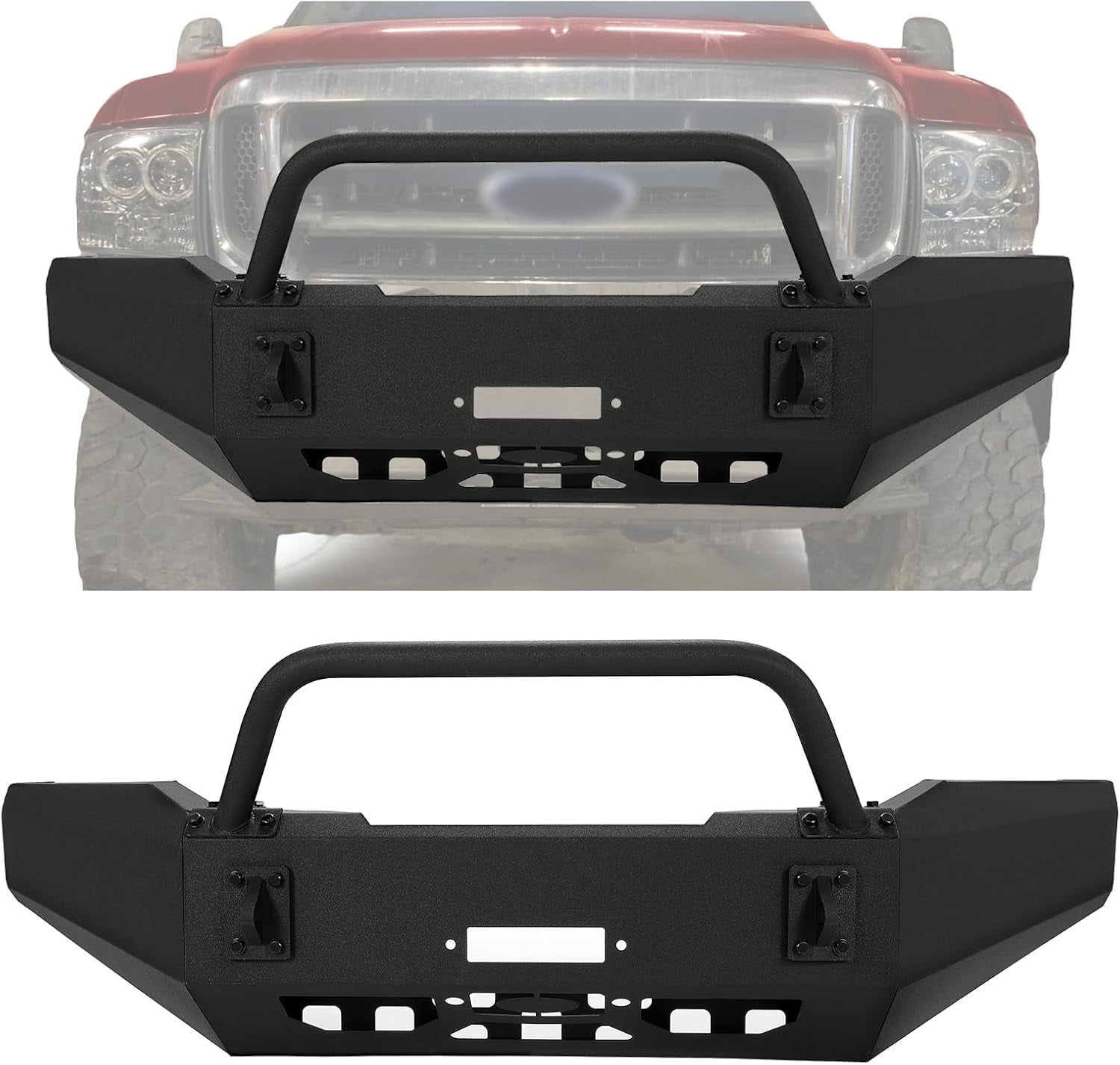 KOJEM Front Bumper Compatible with 1999-2004 Ford F250 F350 Super Duty W/Bull Bar Steel Powder Coated Black