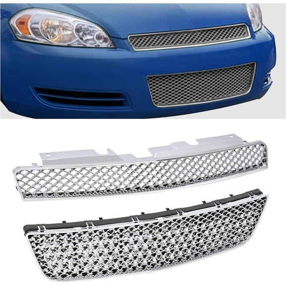 KOJEM Front Bumper Upper + Lower Grill Compatible with 2006-2016 Chevy Impala Hood Grill Insert Guard Silvery