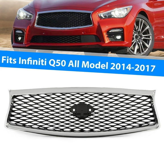 KOJEM Front Grill Fit for 2014-2017 Infiniti Q50 All Model Bumper Upper Hood Grille Painted + Chrome Black & Silvery