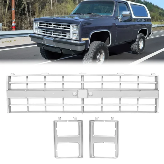 KOJEM Front Grille Grill & Headlight Bezel Compatible with 1985-1988 Chevy C10/C20/C30/K5/K10/K20/K30/R10/R20/R30/V10/V20/V30 Blazer Suburban 15598727 15598728 GM1200140 GM2513126 Chrome