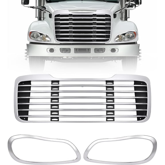 KOJEM Front Grille & Headlight Bezel Compatible with 2002-2022 Freightliner M2 Business Class 100 106 112 Bumper Upper Radiator Hood Mounted Grill Wit