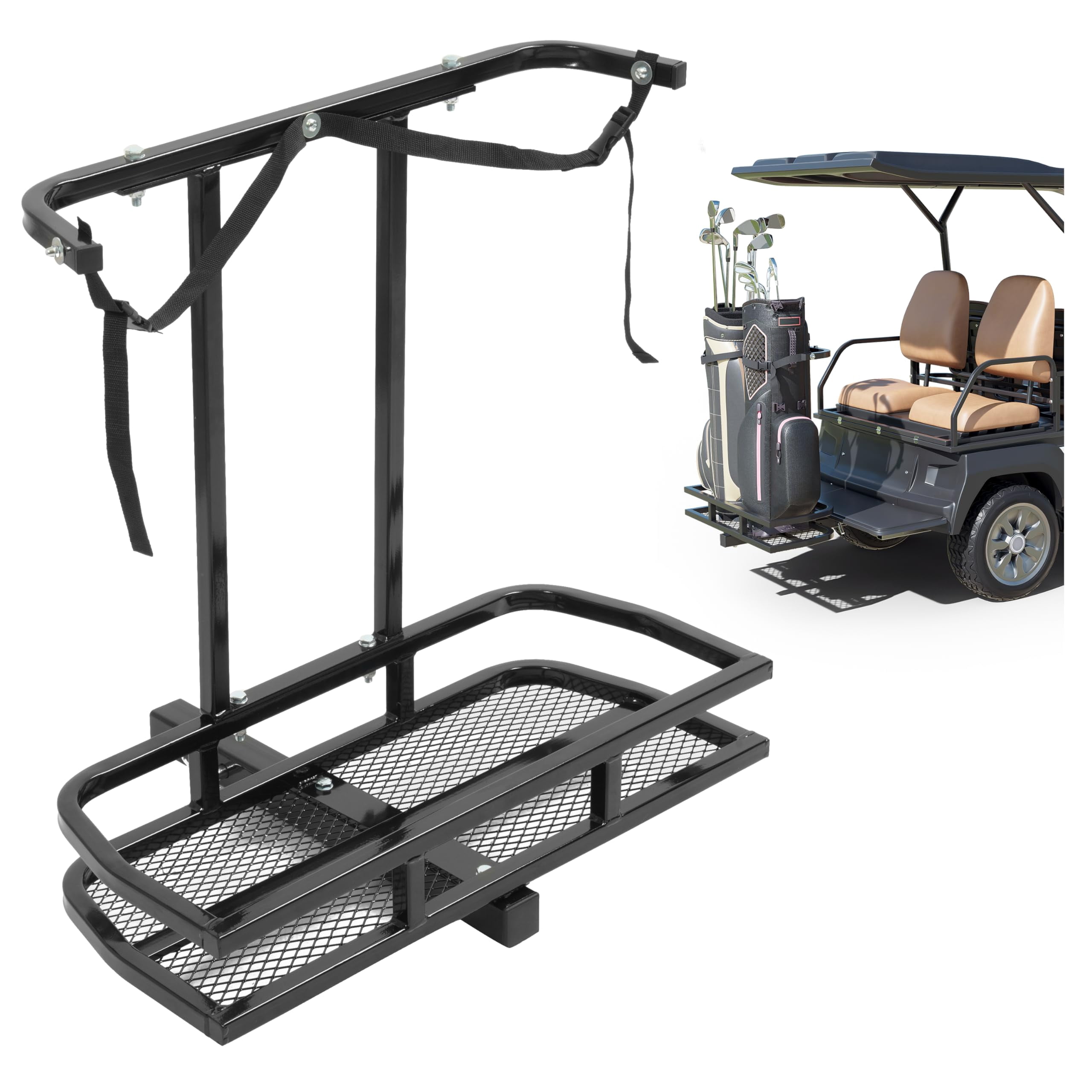 KOJEM Golf Bag Holder Compatible with Club Car/EZGO/Yamaha with 2" Receiver Golf Cart Rear Seat Bag Holder Rack Steel Powder Coated Black
