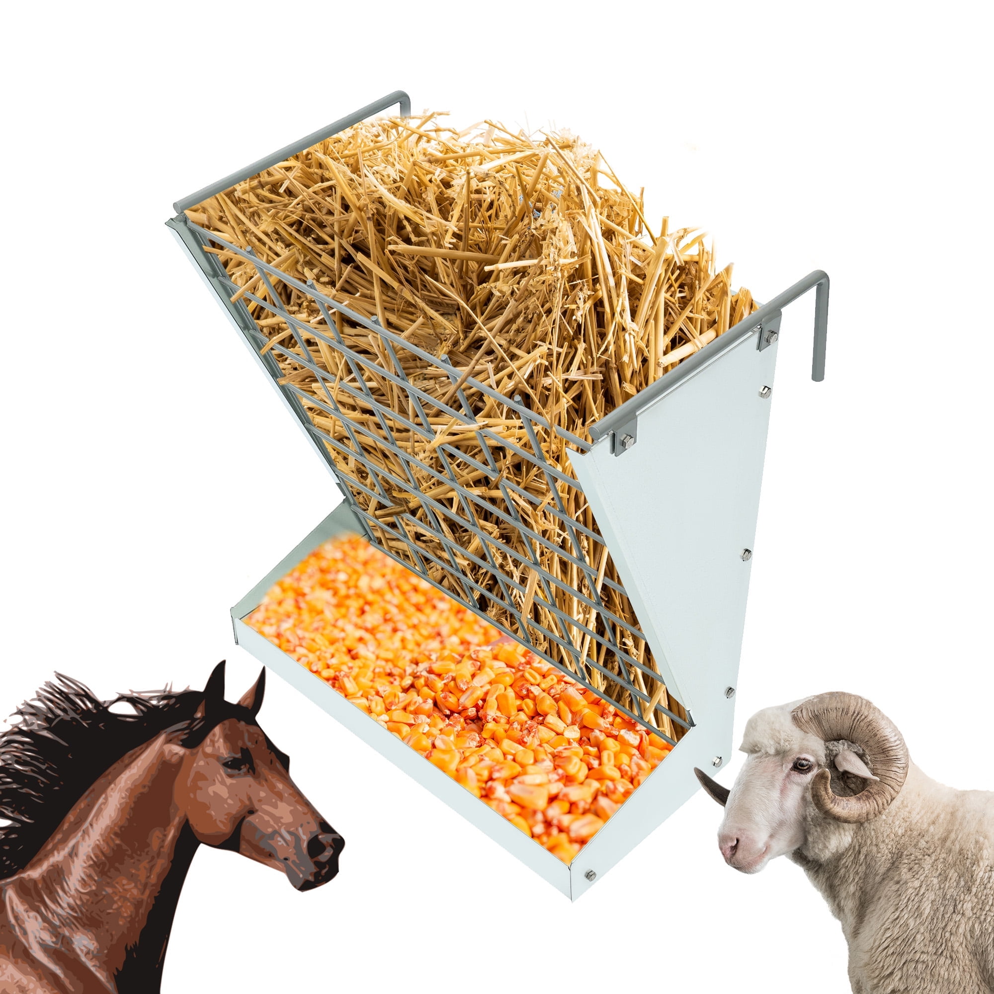 KOJEM Hanging Goat Hay Feeder Large Capacity W/Adjustable Hooks Fit for Different Stall & Corral,Galvanized Steel Livestock Grain Feeder Rack for Sheep, Horse