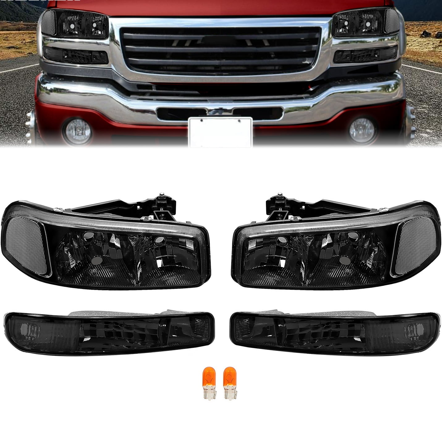 KOJEM Headlights + Bumper Lamps Fit for 1999-2007 GMC Sierra 1500 / 2000-2006 Yukon Chrome Halogen DRL Headlamps Left & Right Clear Lens Black Housing Clear Corner Light