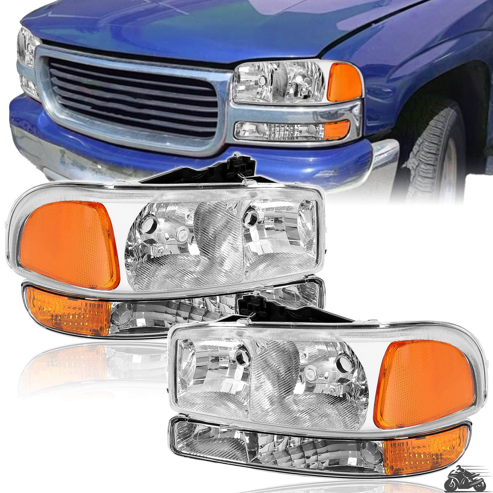 KOJEM Headlights + Bumper Lamps Fit for 1999-2007 GMC Sierra 1500 / 2000-2006 Yukon Chrome Halogen DRL Headlamps Left & Right Clear Lens Chrome Housing Amber Corner Light