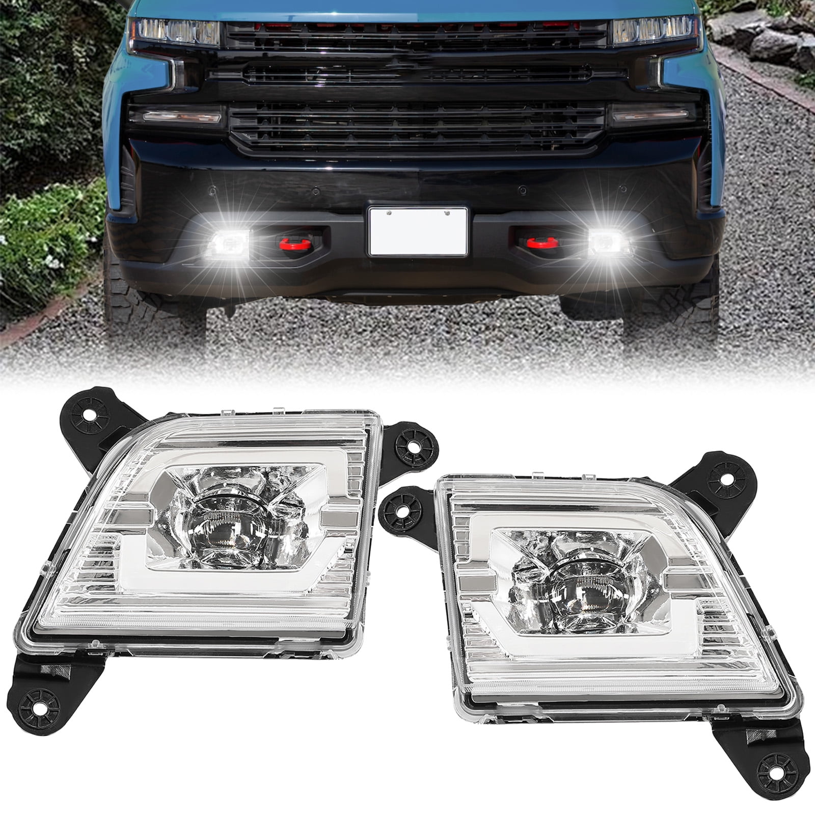 KOJEM LED Fog Lamps Fit for 2019-2022 Chevy Silverado 1500 Front Fog Light Pair w/Wiring+Switch LH & RH Chorme Housing Clear Lens