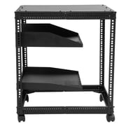 KOJEM Open Frame Network Rack for IT & AV Gear Floor Standing or Wall Mounted Adjustable Network Devices Server Rack w/2 Vented Shelves & Casters Steel Black