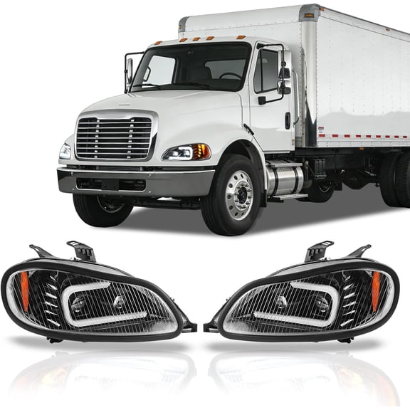 KOJEM Pair Headlight Compatible with 2004-2012 Freightliner Business Class M2 Clear Lens Black Housing Plastic PC PP Driver and Passenger Side