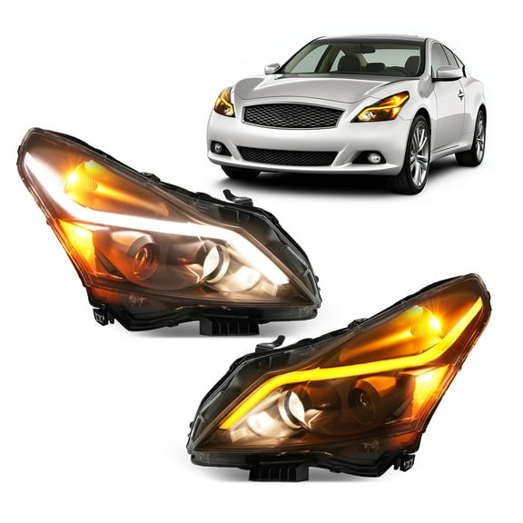 KOJEM Pair Projector Headlights w/Sequential LED Compatible with 2010-2013 Infiniti G37 G25 2015 Infiniti Q40 Sedan 4-Door Headlamp DRL Replacement for IN2503140 IN2502140 Clear Lens Black Housing