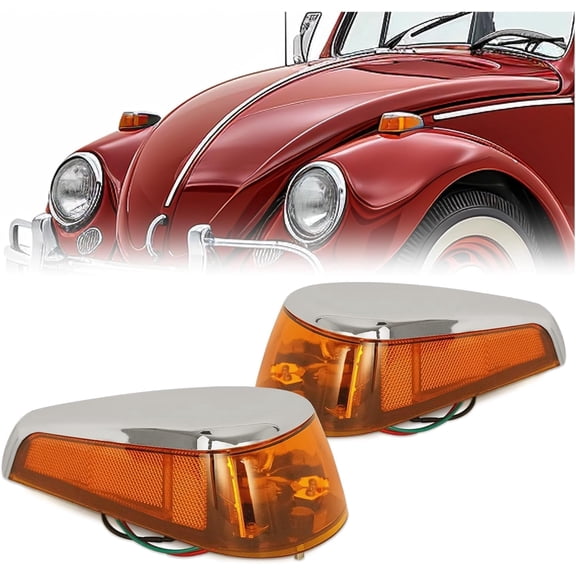 KOJEM Pair Turn Signal Lights Compatible with 1970-1979 VW BUG Volkswagen Super Beetle Thing Halogen Front Turn Signal Lamp w/Bulbs Amber Lens Left&Right Side