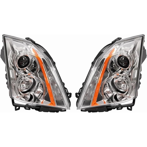 KOJEM Projector Headlight w/Bulb Compatible with 2008-2015 Cadillac CTS Not Compatible on Models w/Factory HID Headlights w/LED Tube Bar Clear Lens Chrome Housing Orange Light Bar LH&RH