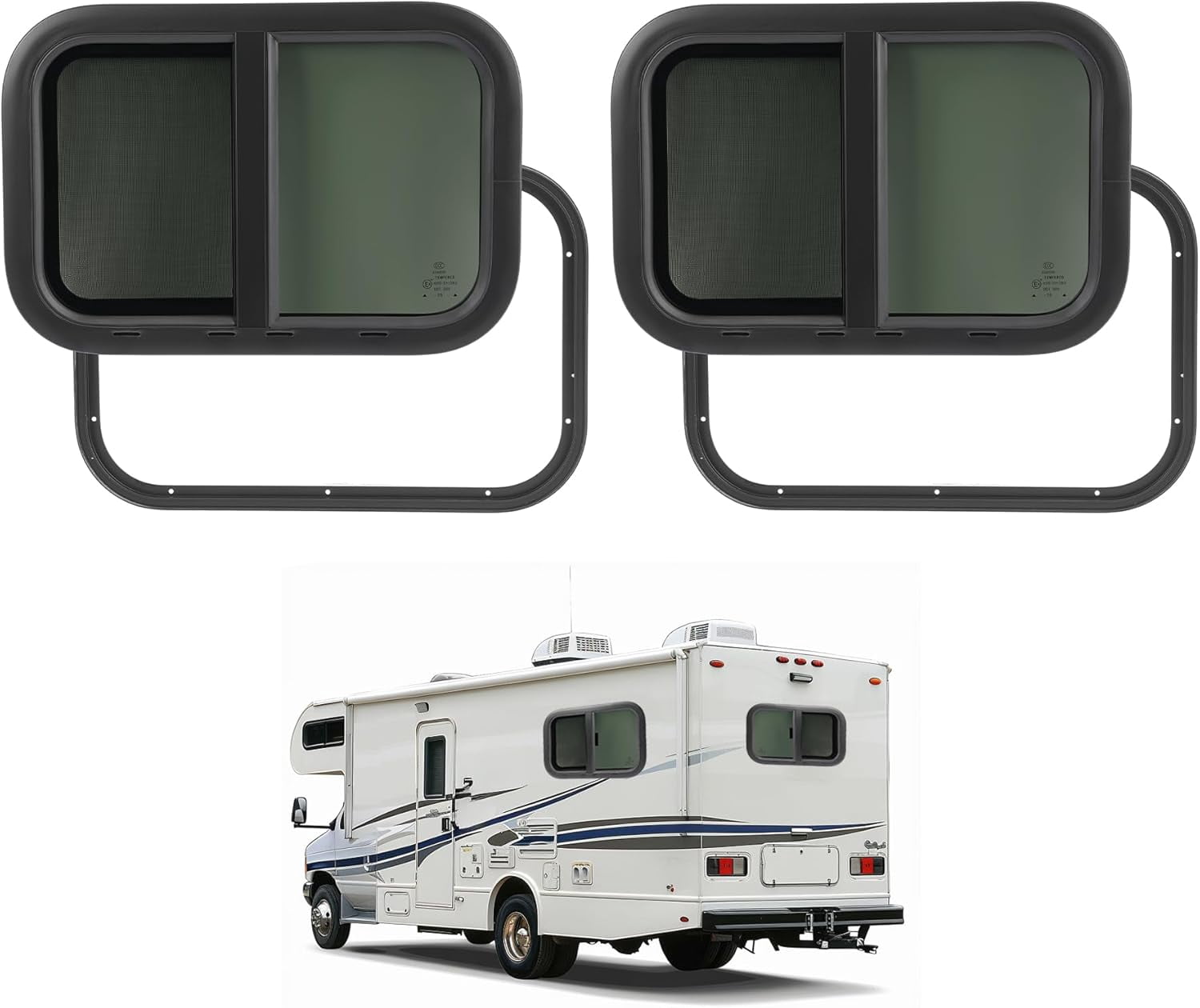 KOJEM RV Windows 21" W x 14" H w/Mesh Screen & Trim Ring 2 Pack Horizontal Window Tinted Universal Teardrop Side Window For Truck Camper Trailer Tempered Glass Aluminium Plastic Rubber Black