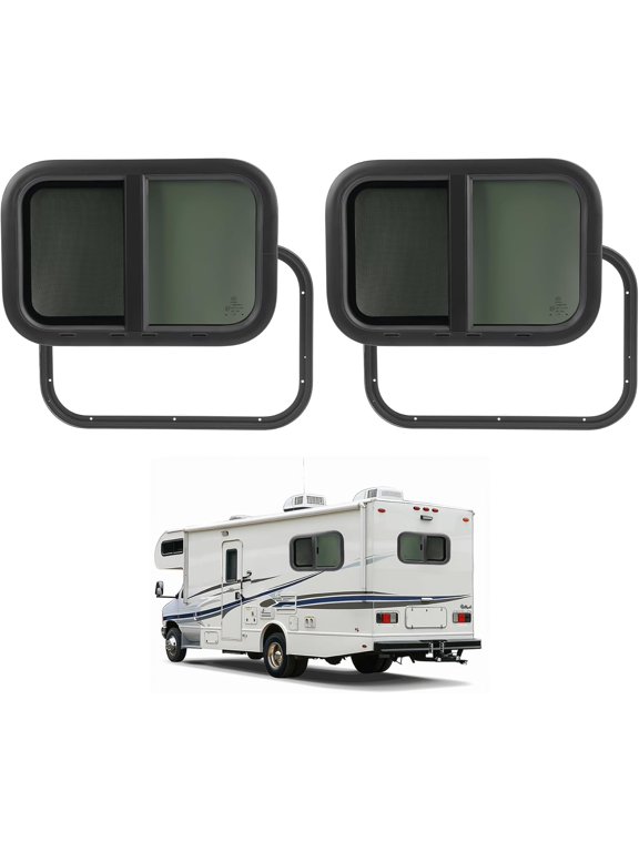 RV Windows 21" W x 14" H w/Mesh Screen & Trim Ring 2 Pack Horizontal Window Tinted Universal Teardrop Side Window For Truck Camper Trailer Tempered Glass Aluminium Plastic Rubber Black