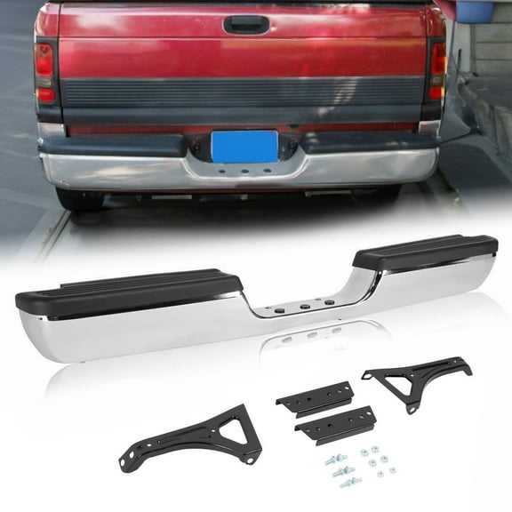 KOJEM Rear Bumper Assembly Fit for 1994-2002 Dodge Ram 1500 2500 Fleetside/Styleside W/Step Pads Silvery+Black CH1102328