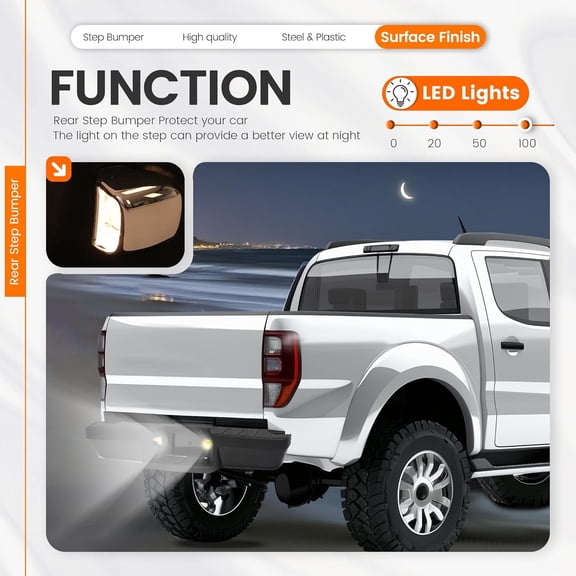 KOJEM Rear Step Bumper Compatible with 1993-2011 Ford Ranger Fleetside/Styleside Supercrew FO1102257 W/Brackets & LED Lights w/o Parking Aid Sensor H