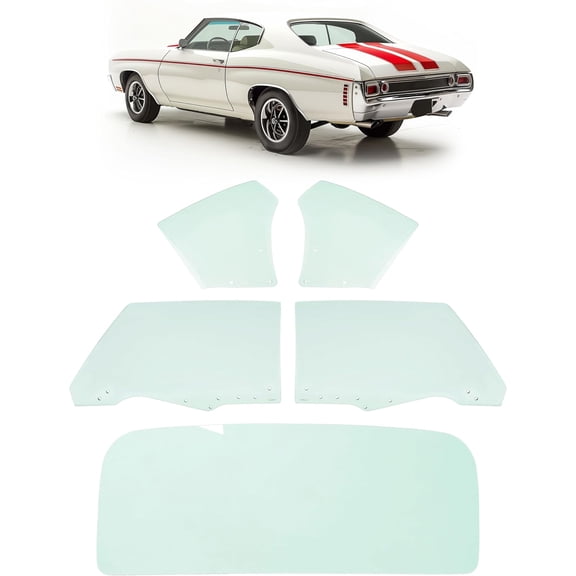 KOJEM Side & Rear Door Window Glass Compatible with 1970-1972 Chevy Chevrolet Chevelle Malibu Hardtop 2 Door Quarter Glass Light Green 5Pcs 3 Packages