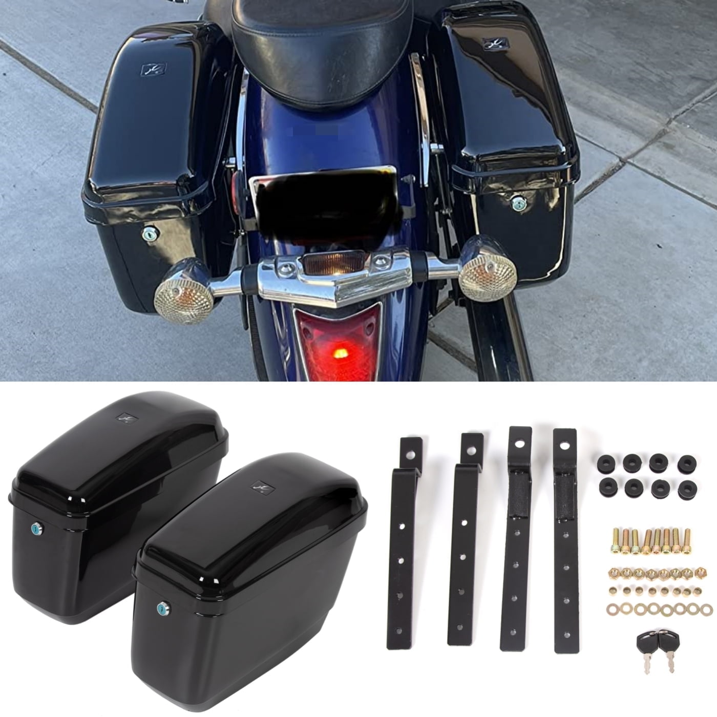 KOJEM Universal Motorcycle Hard Saddle Bags, Mounting Brackets, For