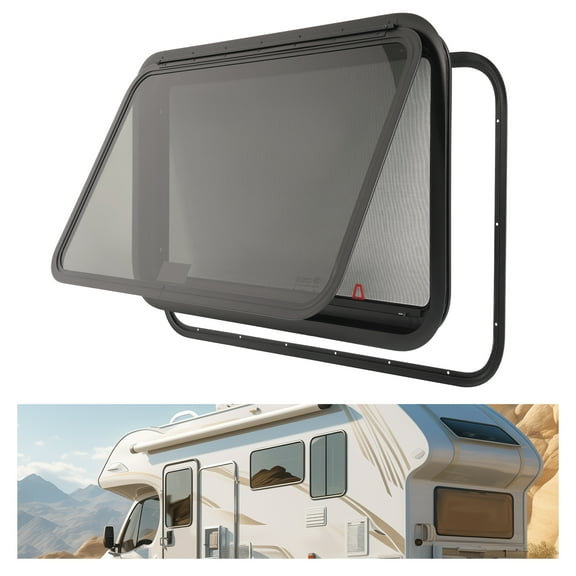 KOJEM Universal RV Exit Window 36" W x 22" H Optional Trim Camper RV Push Side Window Replacement W/Trim Ring Net Screen for Cargo Trailer Camper Van Truck