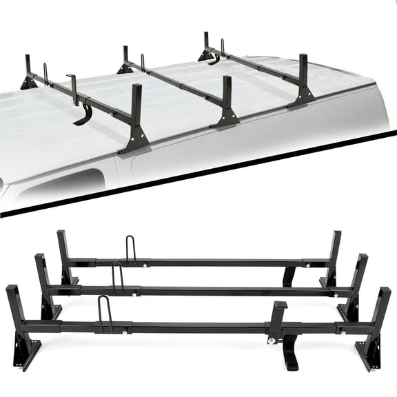 KOJEM Universal Van Ladder Rack, Full-Size Roof Rack Steel Cross Members, Fit for Chevrolet Express Ford E-Series GMC Savana 3 Bars