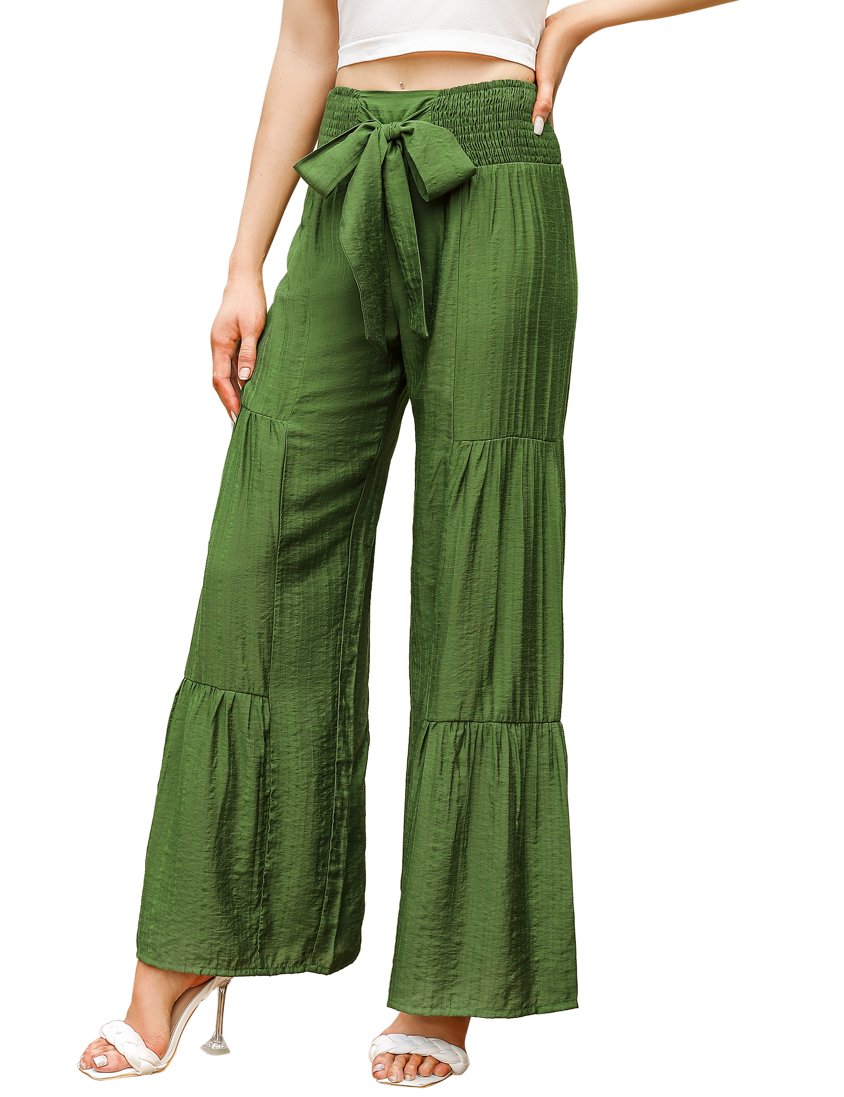 KOJOOIN Women's 2024 Fashion Wide Leg High Waist Pants Smocked Elastic ...