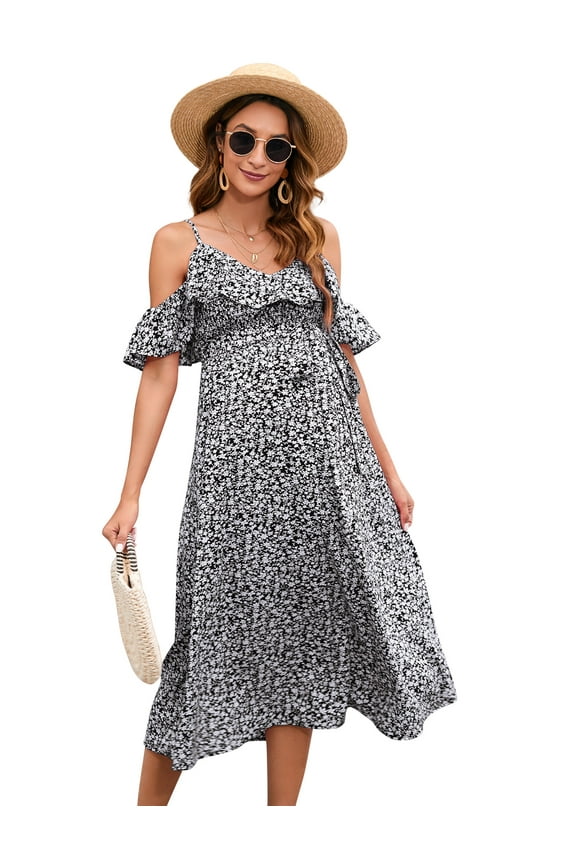 Women's Maternity 2024 Fashion Dress Ruffles Short Sleeve Spaghetti Strap Nursing Floral Dress V Neck A Line Tiered Dress