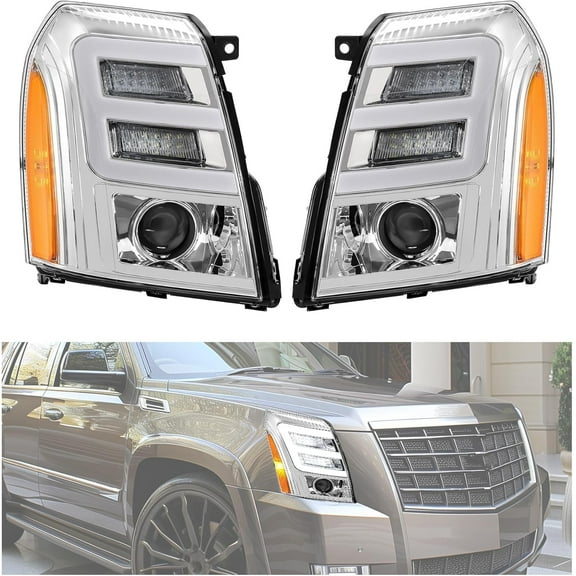 KOJEM Projector Headlight w/LED Compatible with 2007-2014 Cadillac Escalade ESV EXT DRL Tube Bar Head Lights Lamps Replacement for GM2503291 GM2502291 Driver & Passenger Side