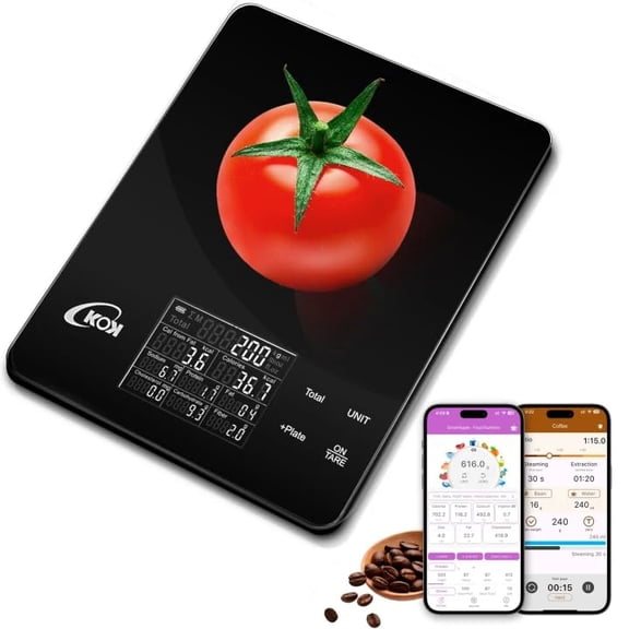 KOK Smart Food Scale with 30 Nutritional Calculator, Coffee Timer Function APP, Track Calorie, Macro, Carb for Weight Loss Keto and Diabetic, Espresso Scale Weight Grams and Ounces 5 Unit 1g/0.05oz