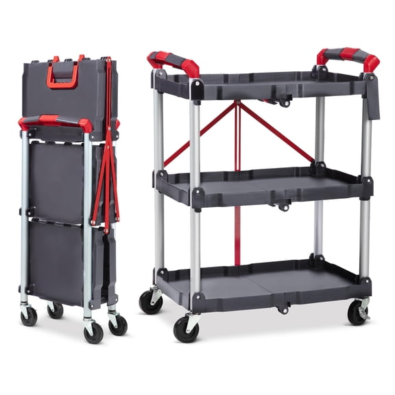 KOKEBREN 150 LBS Folding Utility Cart,Collapsible Service Cart with All-Terrain Lockable Wheels,Aluminum Portable Rolling Tool Cart with Ergonomic Handle,for Home,Garage,Workshop(Folds to 7.5" Thin)