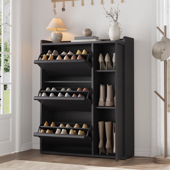 KOKEBREN 3 Flip Drawer Wooden Shoe Storage Cabinet with Side Door, Large Capacity Hidden Organizer with Adjustable Shelves, Freestanding Shoe Cabinet for Entryway,Hallway,Black